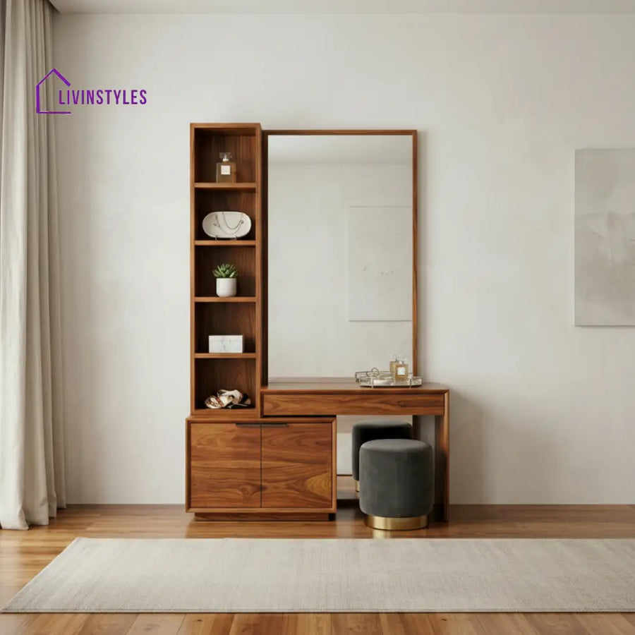 Poppy Sheesham Wood Dressing Table with Mirror and Storage (Honey Finish)