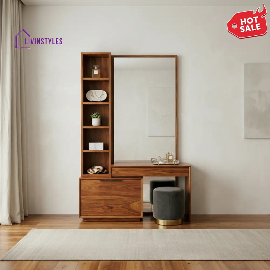 Poppy Sheesham Wood Dressing Table with Mirror and Storage (Honey Finish)