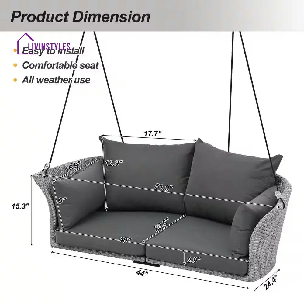 Portin Double Seater Hanging Swing Without Stand For Balcony Garden Swing (Grey) - Swings