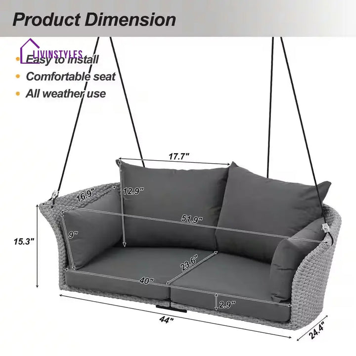 Portin Double Seater Hanging Swing Without Stand For Balcony Garden Swing (Grey) - Swings