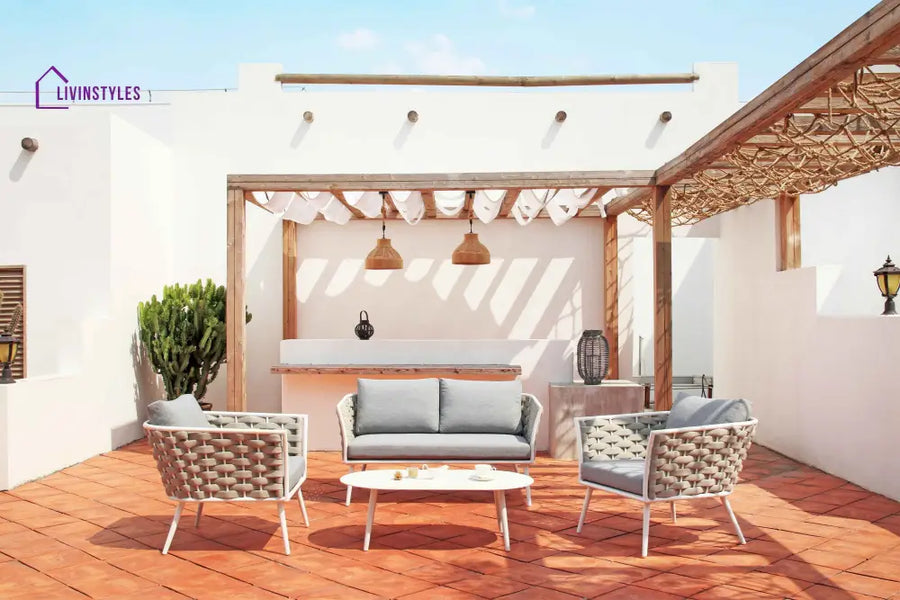 Pozen Outdoor Garden Balcony Sofa Set 2 Seater 2 Single seater and 1 Center Table Set Braid & Rope (White + Cream)