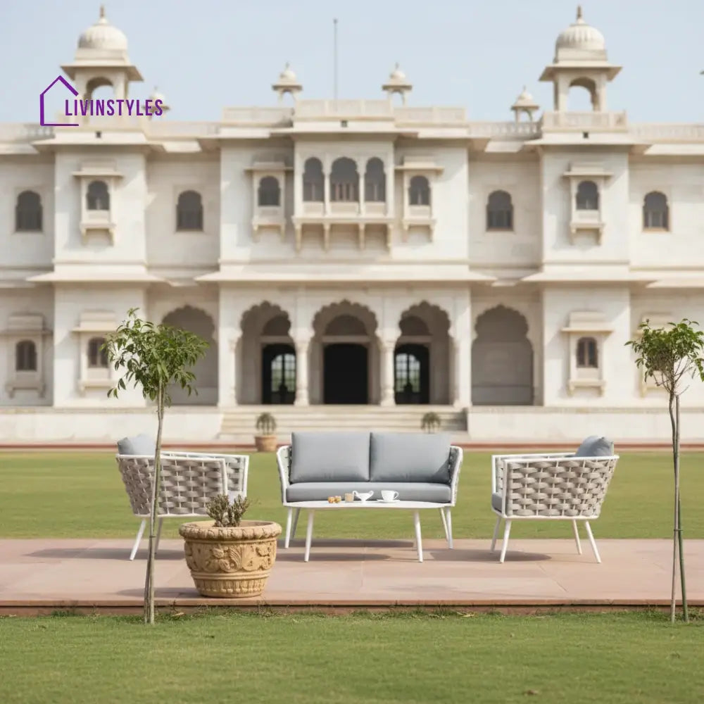 Pozen Outdoor Garden Balcony Sofa Set 2 Seater 2 Single seater and 1 Center Table Set Braid & Rope (White + Cream)