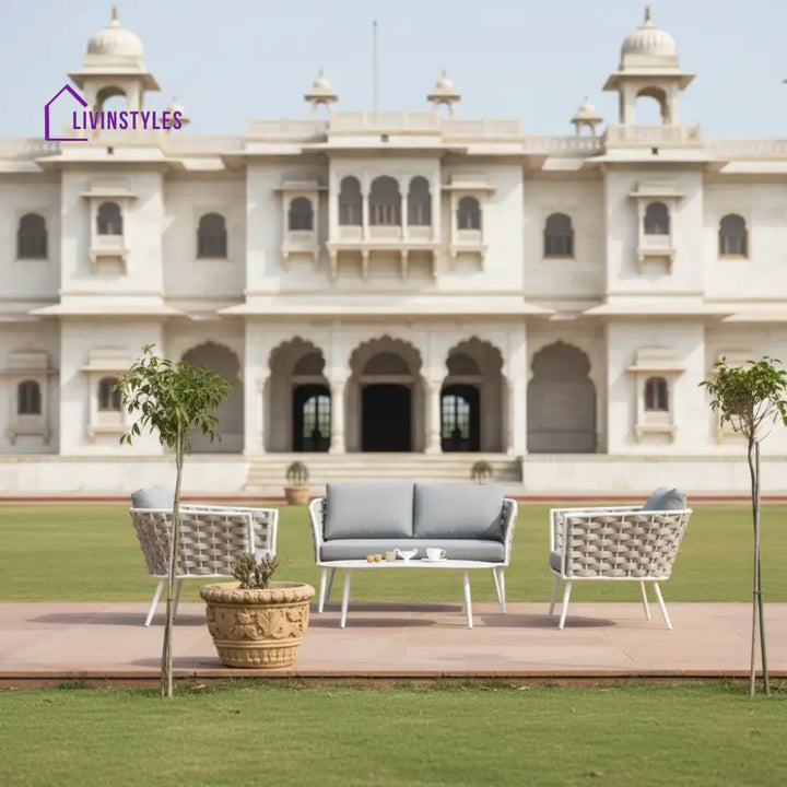 Pozen Outdoor Garden Balcony Sofa Set 2 Seater 2 Single seater and 1 Center Table Set Braid & Rope (White + Cream)
