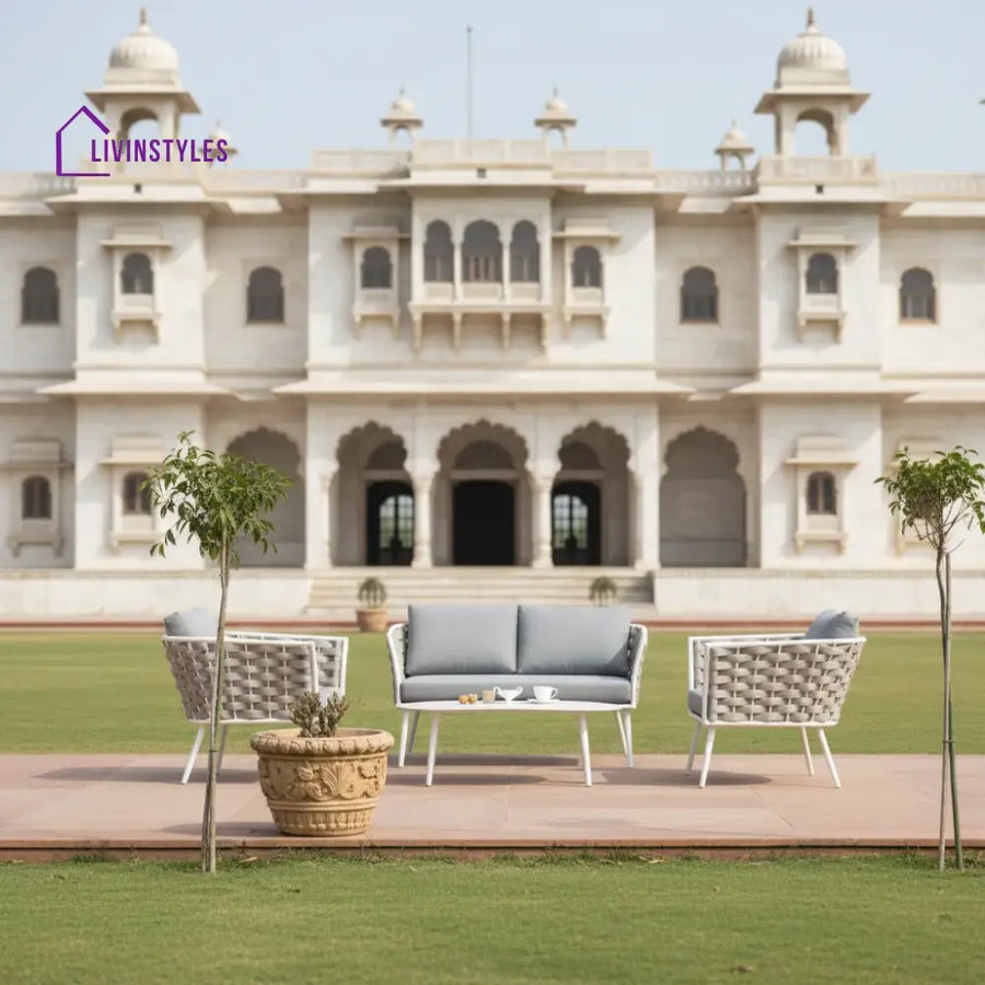 Pozen Outdoor Garden Balcony Sofa Set 2 Seater 2 Single seater and 1 Center Table Set Braid & Rope (White + Cream)