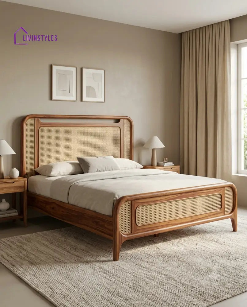 Pradeep Wooden Bed with Cane Weaving Headboard Design | Bed without Storage