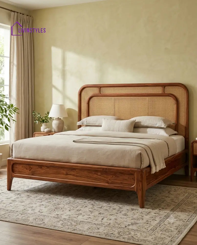 Prakash Wooden Bed with Cane Weaving Headboard Design | Bed without Storage