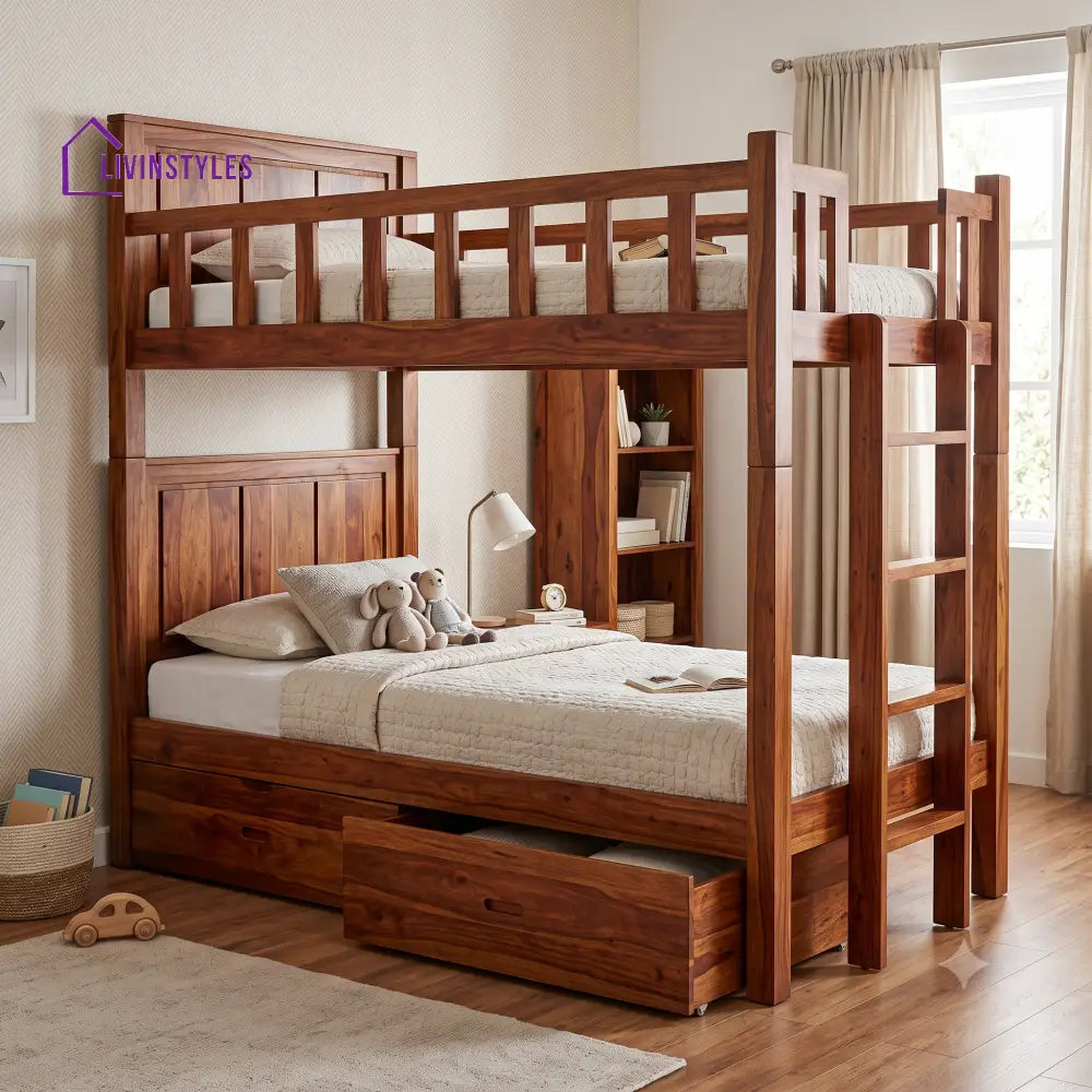 Pranav Sheesham Wood Bunk Bed With Storage | Kids Bed
