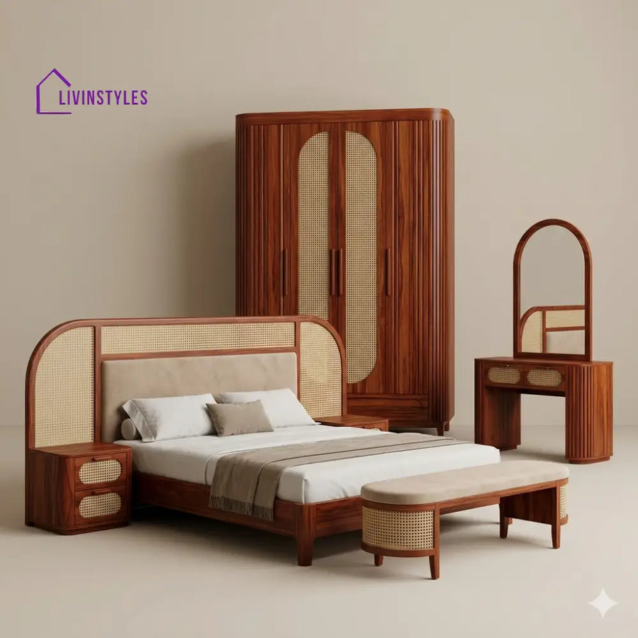 Pranav Solid Sheesham Wood Bedroom Set with Bed Bedside Tables Bench Wardrobe & Dresser