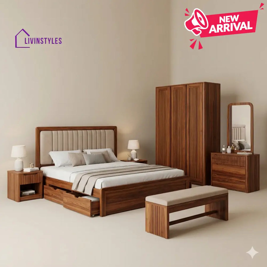 Pranav Solid Sheesham Wood Bedroom Set with Bed Bedside Tables Bench Wardrobe & Dresser