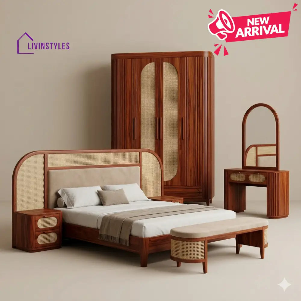 Pranav Solid Sheesham Wood Bedroom Set with Bed Bedside Tables Bench Wardrobe & Dresser