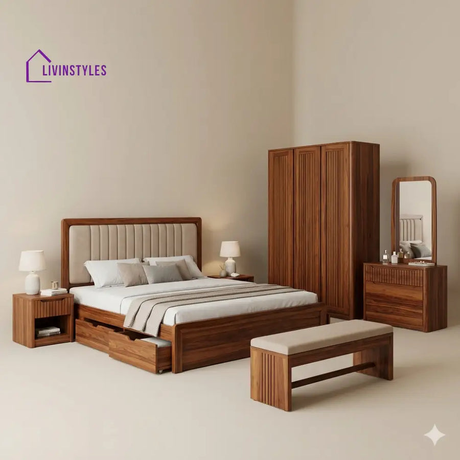 Pranav Solid Sheesham Wood Bedroom Set with Bed Bedside Tables Bench Wardrobe & Dresser
