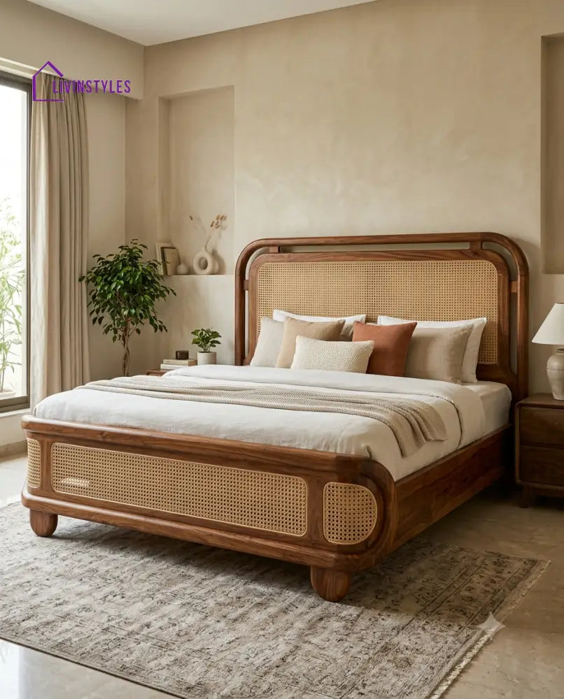 Pranav Wooden Bed with Cane Weaving Headboard Design | Bed without Storage