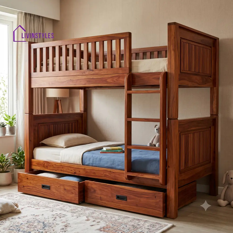 Prasanna Sheesham Wood Bunk Bed With Storage | Kids Bed