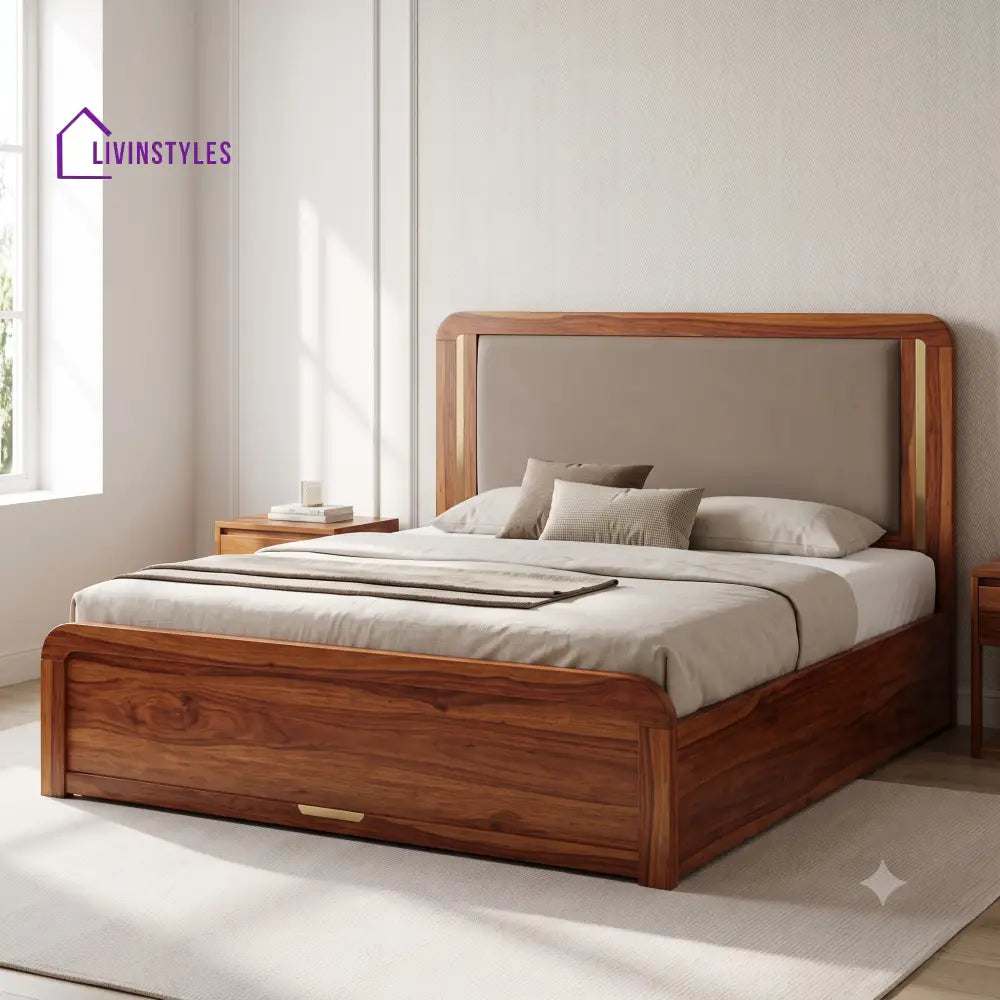 Prasanna Sheesham Wood Hydraulic King Size Double Bed With Storage Honey Finish