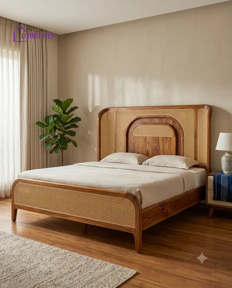 Prasanna Wooden Bed with Cane Weaving Headboard Design | Bed without Storage