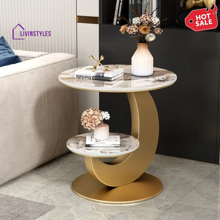 Pratiksha Double Layered Metal Frame Marble Top Side Table End Tables