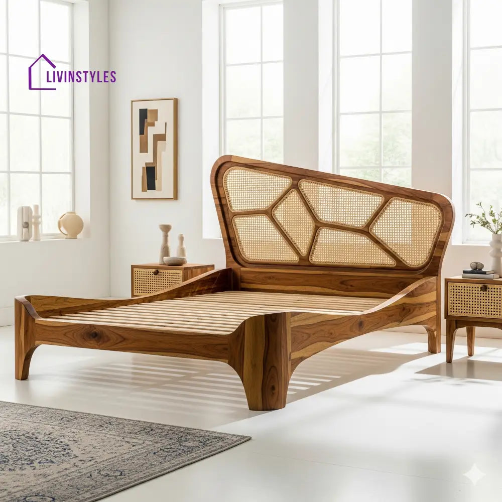 Pratiksha Sheesham Wood & Cane Bed – Honey Finish