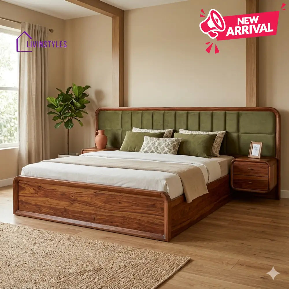 Preeti Premium Sheesham Wood Bed with Velvet Headboard