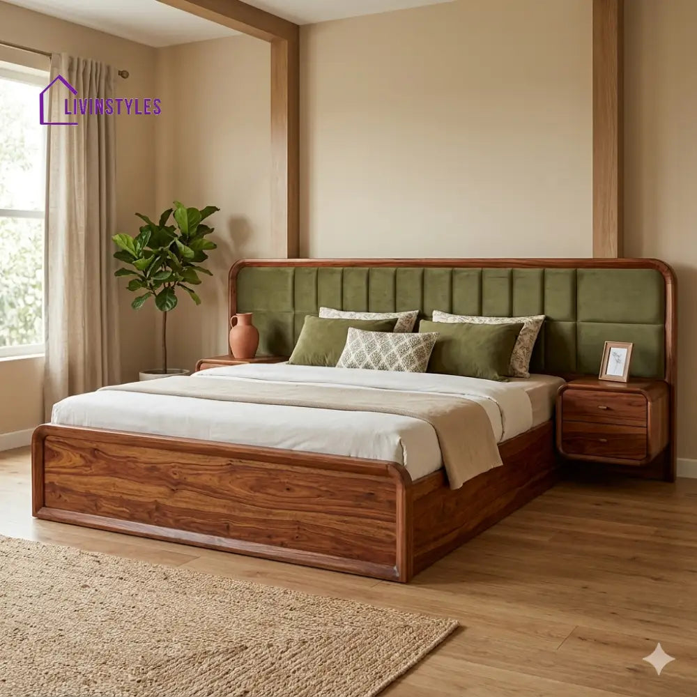 Preeti Premium Sheesham Wood Bed with Velvet Headboard