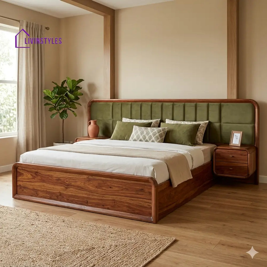 Preeti Premium Sheesham Wood Bed with Velvet Headboard