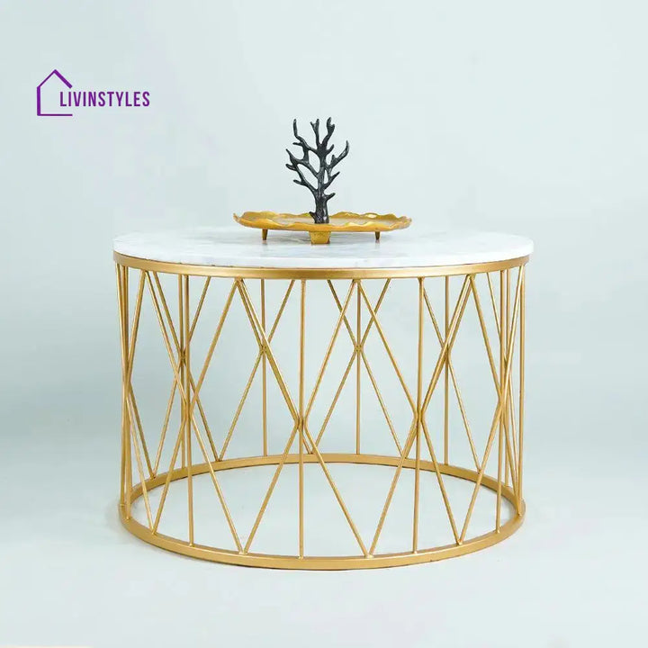 Premium Designer White Marble Round Shape Center Table in Criss Cross Pattern Table