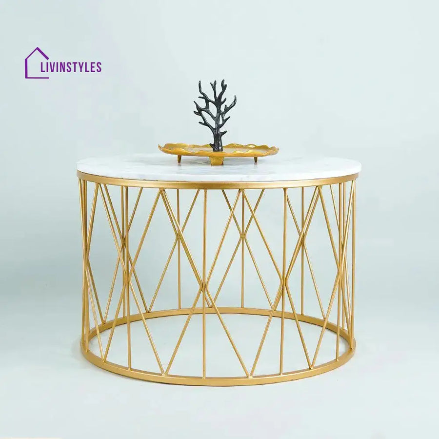Premium Designer White Marble Round Shape Center Table in Criss Cross Pattern Table