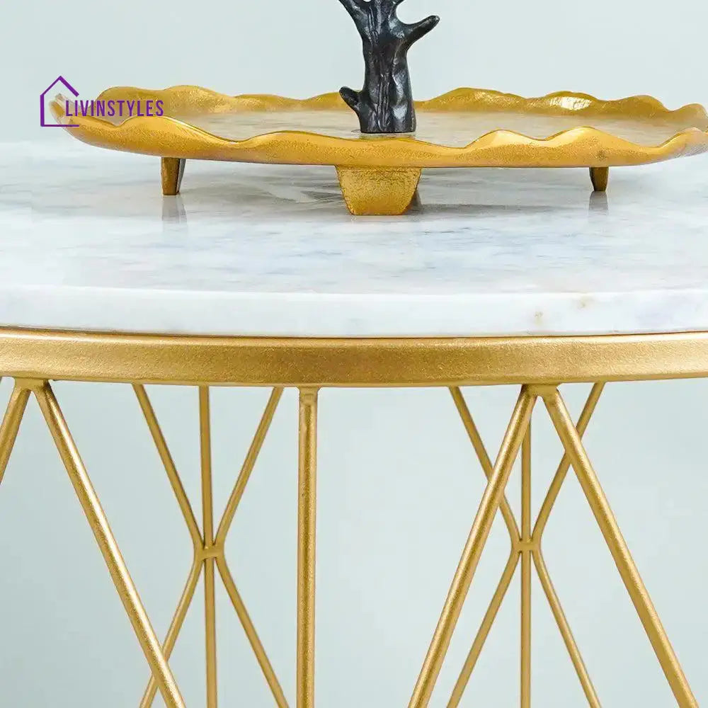 Premium Designer White Marble Round Shape Center Table in Criss Cross Pattern Table