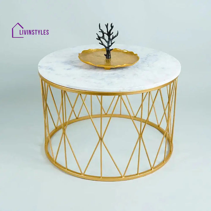 Premium Designer White Marble Round Shape Center Table in Criss Cross Pattern Table