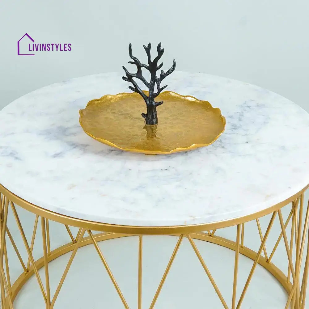 Premium Designer White Marble Round Shape Center Table in Criss Cross Pattern Table