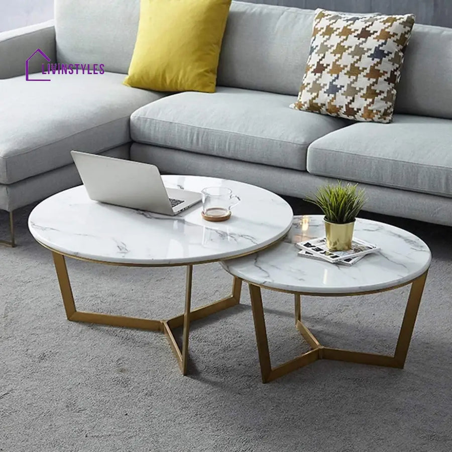 Premium Metallic Nesting Center Tables in Golden Luxurious Base Set of 2 Table