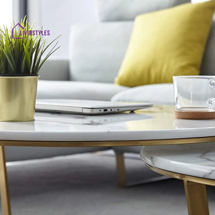 Premium Metallic Nesting Center Tables in Golden Luxurious Base Set of 2 Table
