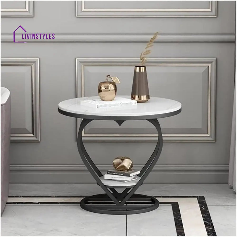 Premium Modern Heart Shaped Black Metal Finish with White Marble Night Stand Side Table Table