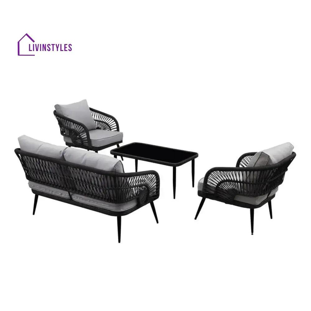 Presley Outdoor Rope 4-Piece Patio Sofa Set with Glass Top Table (Black/Light Grey) - Sofa Set