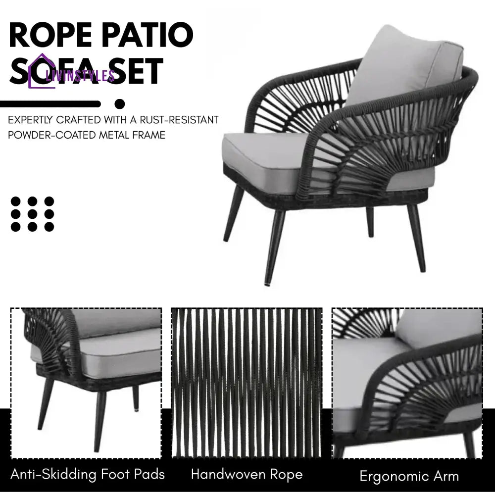 Presley Outdoor Rope 4-Piece Patio Sofa Set with Glass Top Table (Black/Light Grey) - Sofa Set