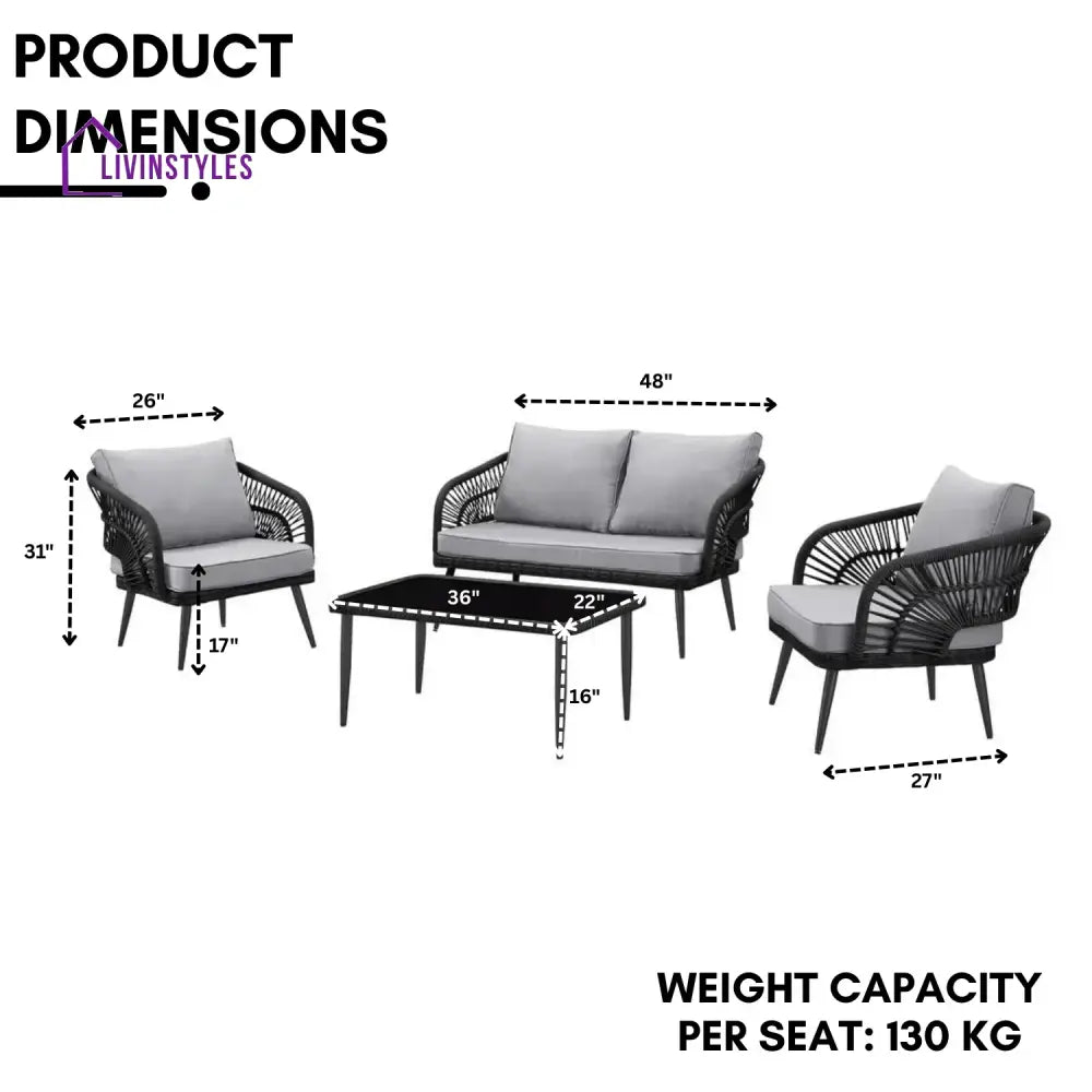 Presley Outdoor Rope 4-Piece Patio Sofa Set with Glass Top Table (Black/Light Grey) - Sofa Set
