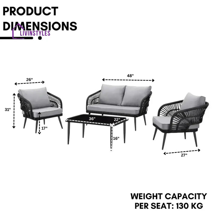 Presley Outdoor Rope 4-Piece Patio Sofa Set with Glass Top Table (Black/Light Grey) - Sofa Set