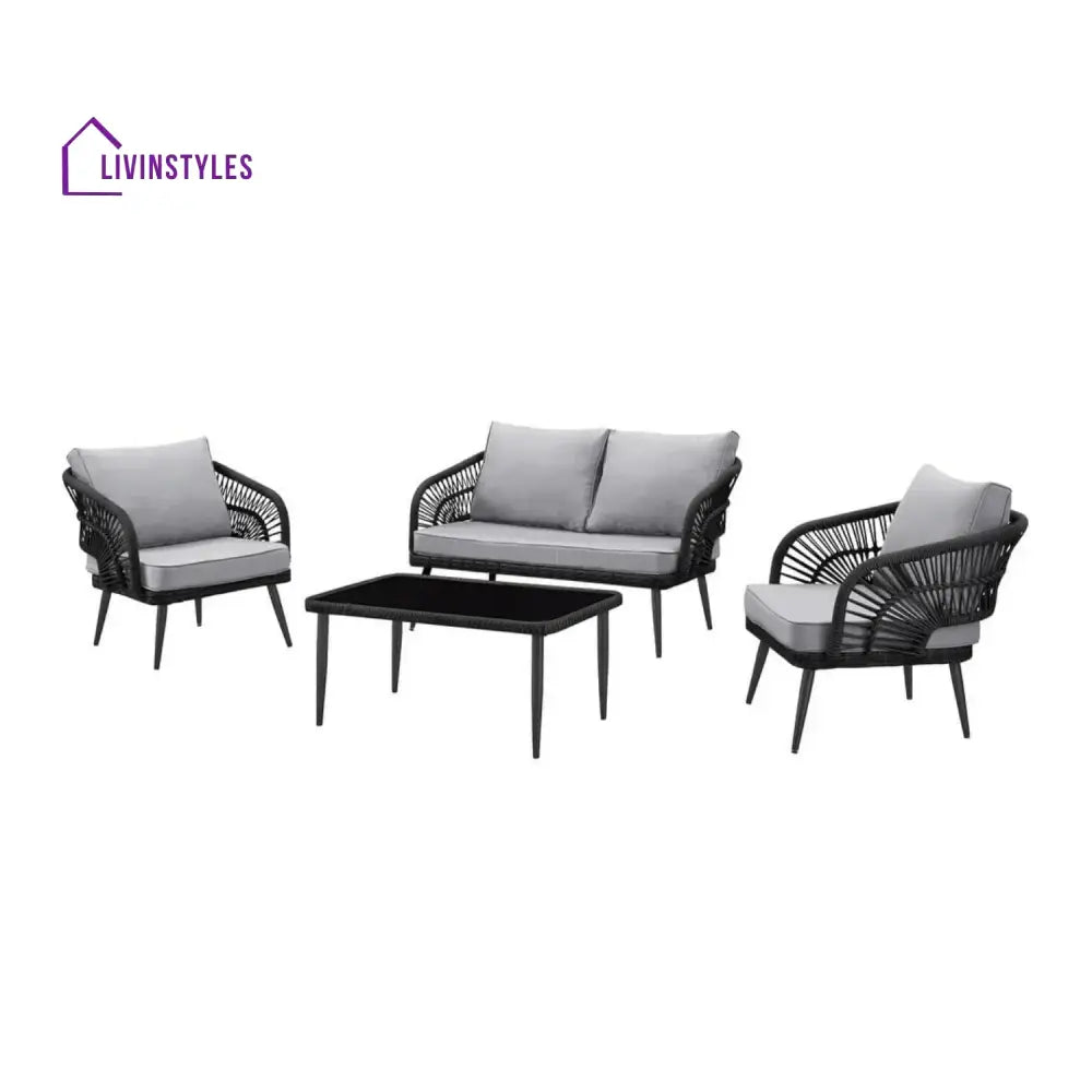 Presley Outdoor Rope 4-Piece Patio Sofa Set with Glass Top Table (Black/Light Grey) - Sofa Set