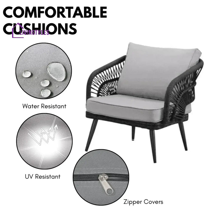 Presley Outdoor Rope 4-Piece Patio Sofa Set with Glass Top Table (Black/Light Grey) - Sofa Set