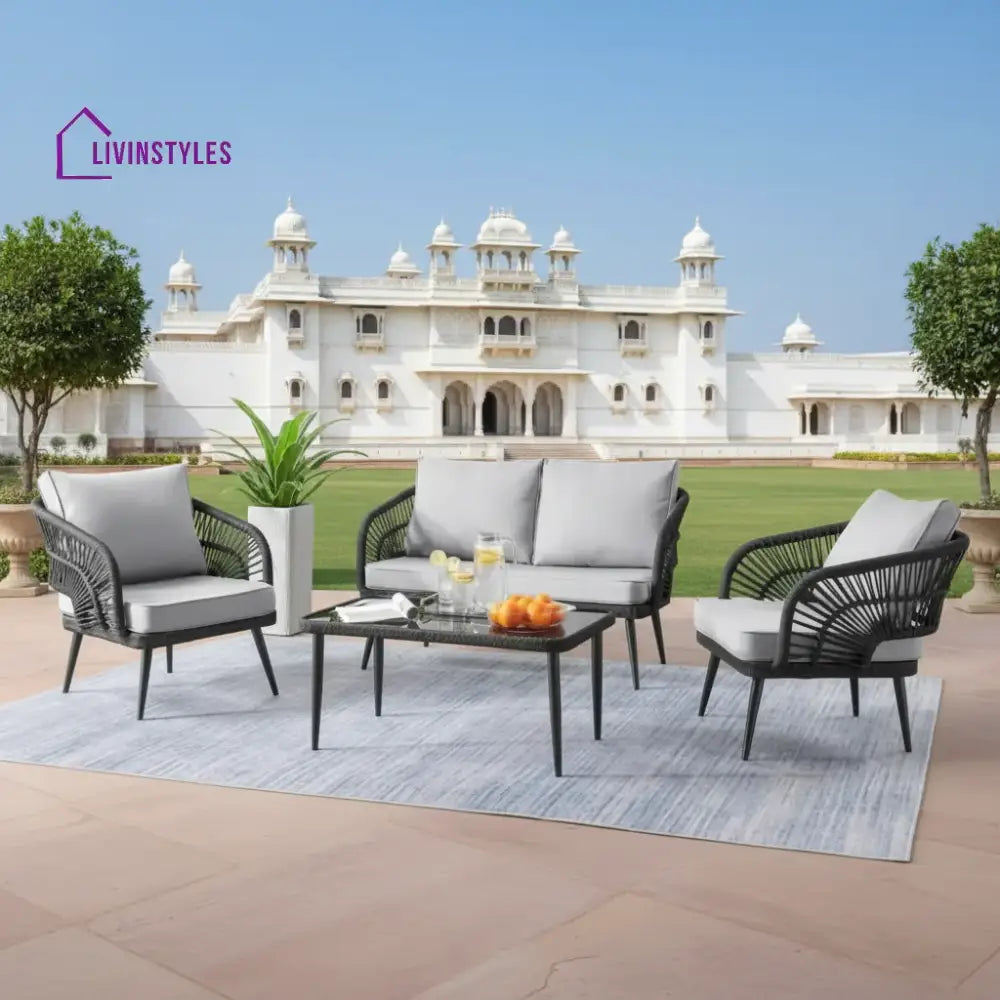 Presley Outdoor Rope 4-Piece Patio Sofa Set with Glass Top Table (Black/Light Grey) - Sofa Set