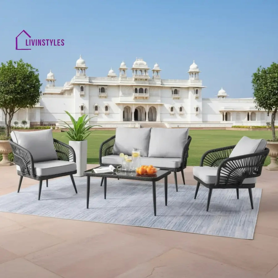 Presley Outdoor Rope 4-Piece Patio Sofa Set with Glass Top Table (Black/Light Grey) - Sofa Set