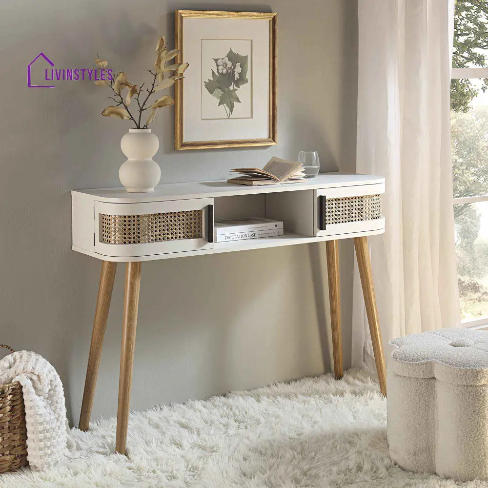 Izzy Curved Rattan 2-Door Table White Console Tables