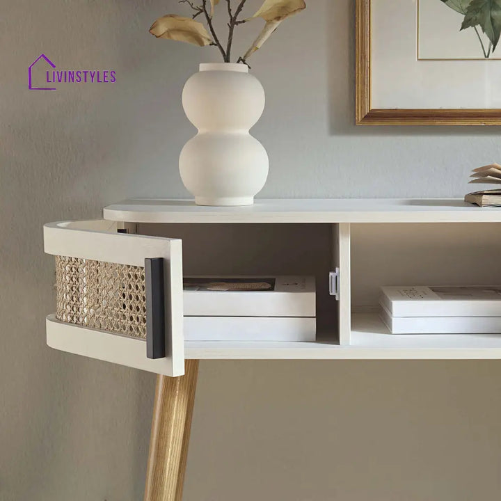 Izzy Curved Rattan 2-Door Table White Console Tables