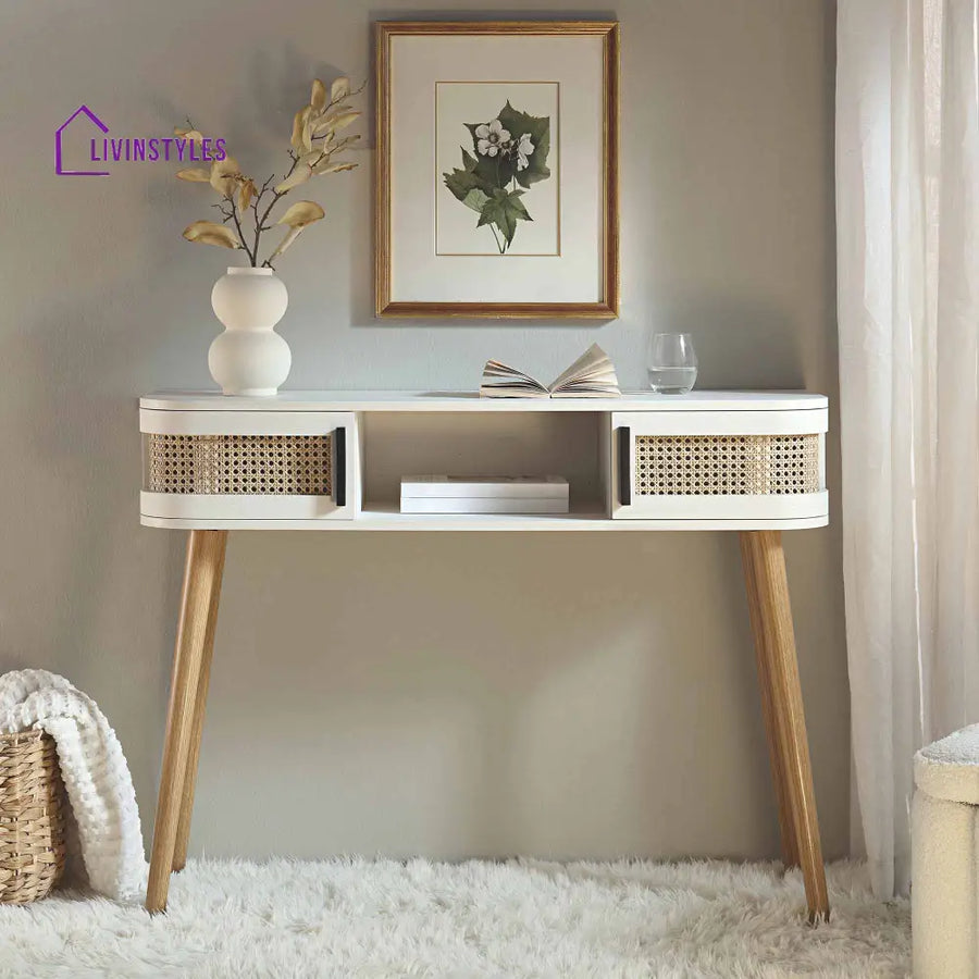 Izzy Curved Rattan 2-Door Table White Console Tables