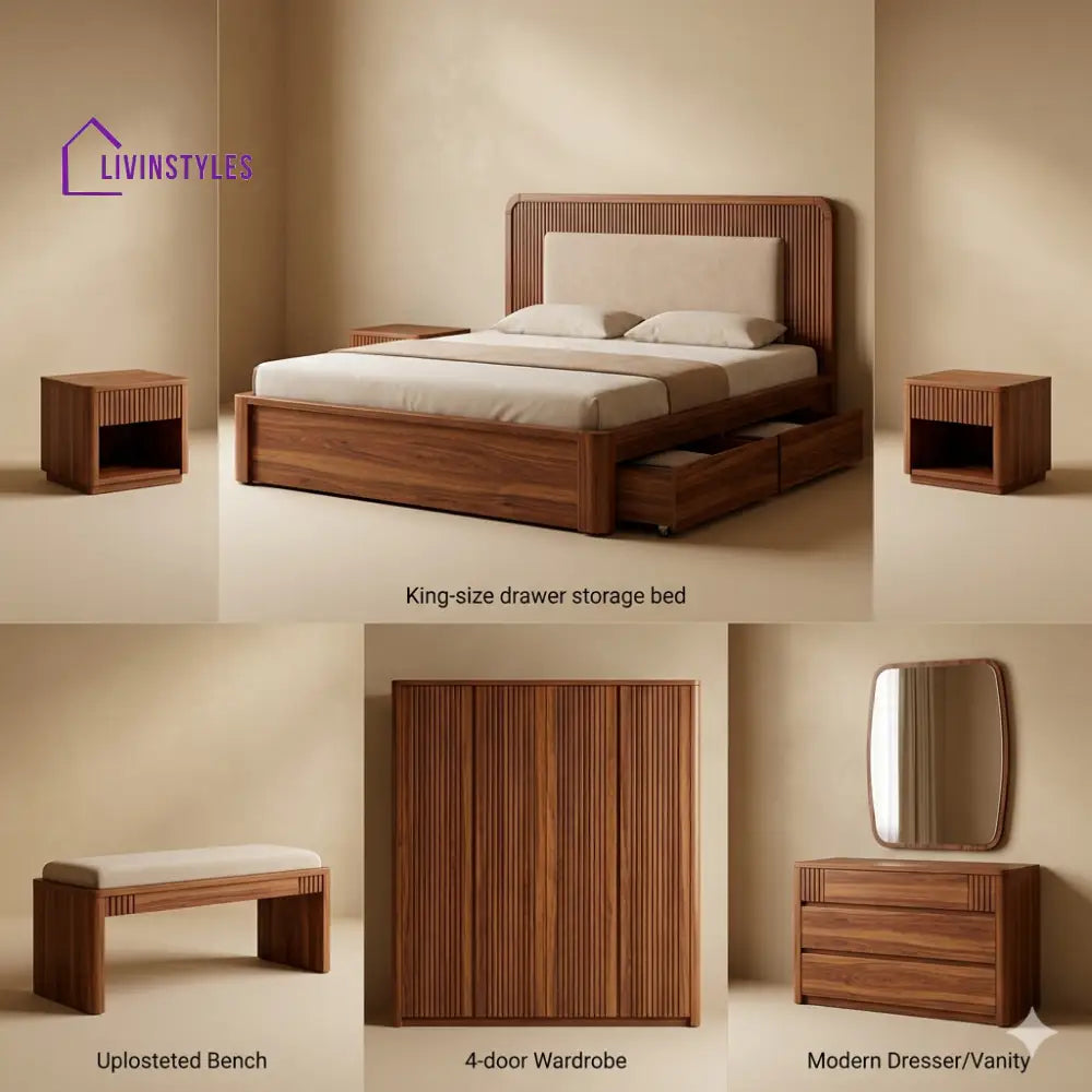 Priya Solid Sheesham Wood Bedroom Set with Bed Bedside Tables Bench Wardrobe & Dresser