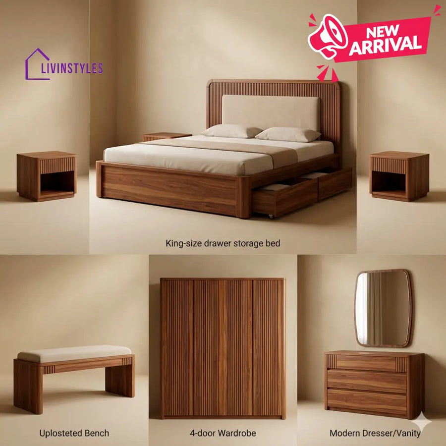 Priya Solid Sheesham Wood Bedroom Set with Bed Bedside Tables Bench Wardrobe & Dresser
