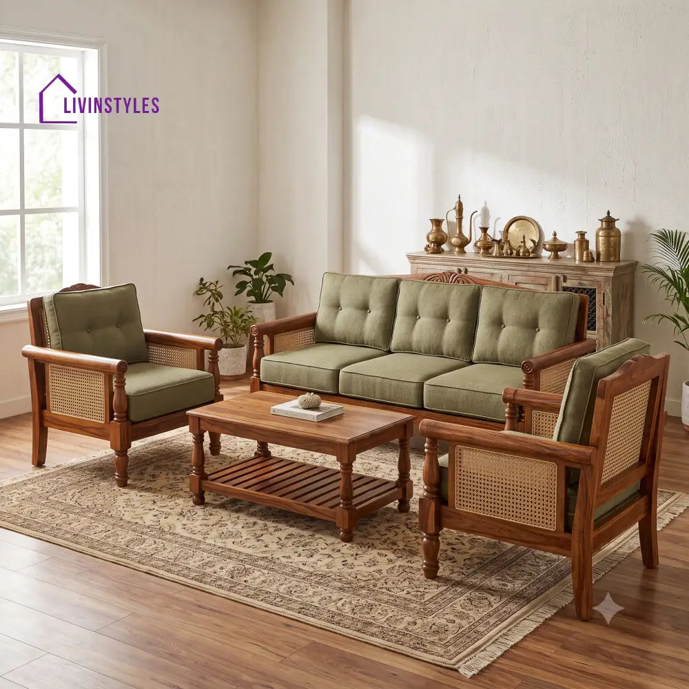 Priya Wooden Sofa Set | 3 + 1 + 1 Sheesham Wood Sofa Set for Living Room