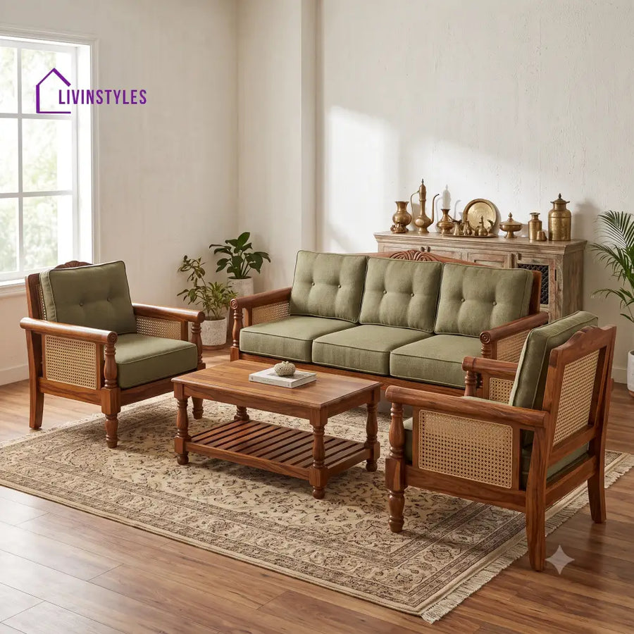Priya Wooden Sofa Set | 3 + 1 + 1 Sheesham Wood Sofa Set for Living Room