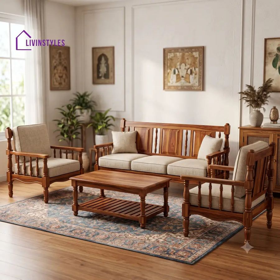 Priyadarshini Wooden Sofa Set | 3 + 1 + 1 Sheesham Wood Sofa Set for Living Room