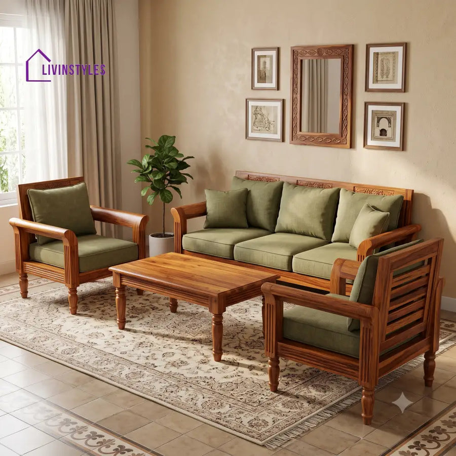 Priyanka Wooden Sofa Set | 3 + 1 + 1 Sheesham Wood Sofa Set for Living Room
