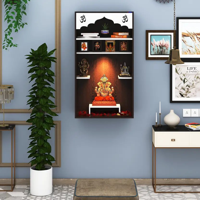 Omkarwood "Divine Arch" Wall-Mounted Wooden Pooja Mandir with LED Light – 110 x 52.5 x 30 cm (H x W x D)